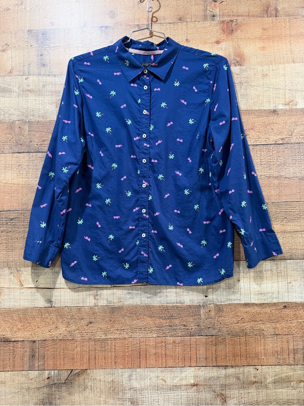 Talbots Navy Button-Down Shirt W Pink Sunglass & Green Palm Print Size XL Petite